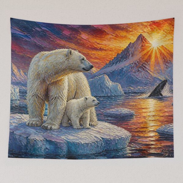 Item preview, Polar Bear Mother and Cub Arctic Sunset - Dramatic Wildlife Oil Painting designed and sold by Pioneer Spirit Market.