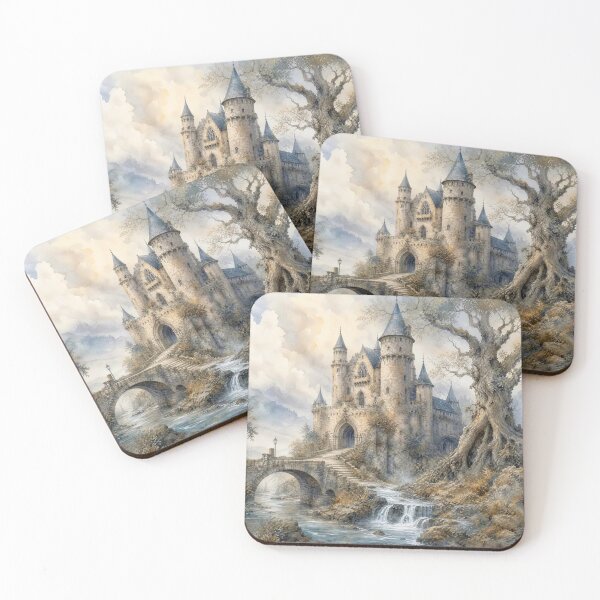 Item preview, Fantasy Castle Waterfall Landscape - Medieval Fortress River Bridge Watercolor Art designed and sold by Pioneer Spirit Market.