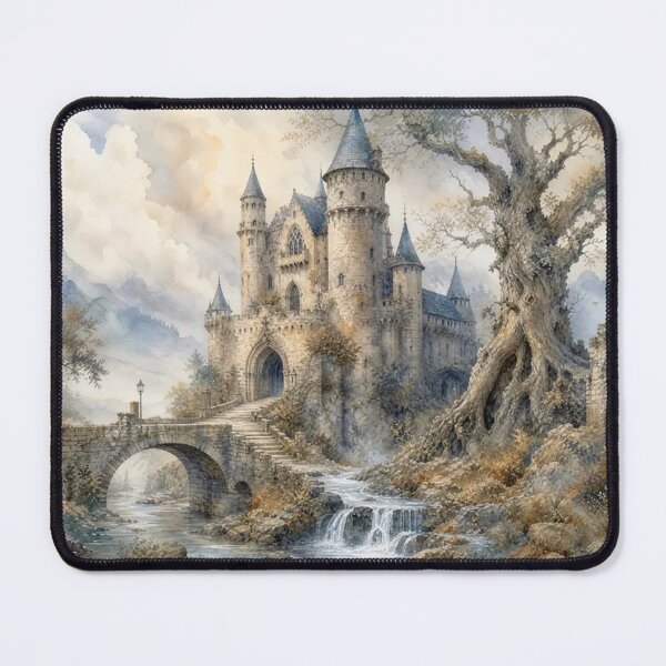 Item preview, Fantasy Castle Waterfall Landscape - Medieval Fortress River Bridge Watercolor Art designed and sold by Pioneer Spirit Market.