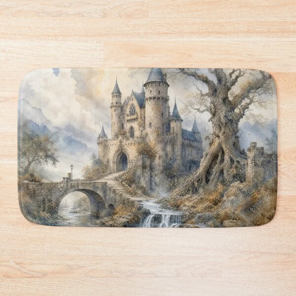 Item preview, Fantasy Castle Waterfall Landscape - Medieval Fortress River Bridge Watercolor Art designed and sold by Pioneer Spirit Market.