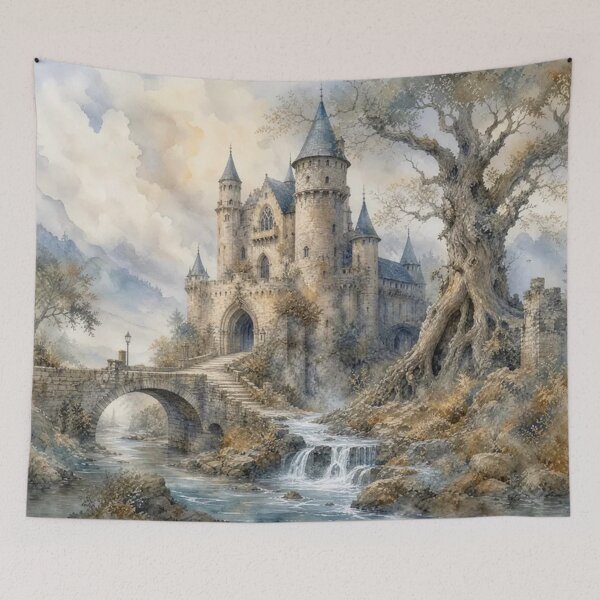 Item preview, Fantasy Castle Waterfall Landscape - Medieval Fortress River Bridge Watercolor Art designed and sold by Pioneer Spirit Market.