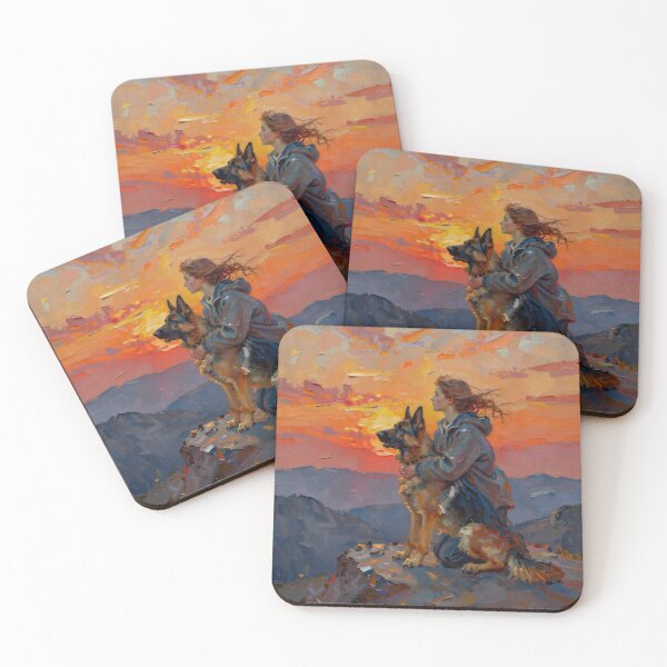 Item preview, Girl and German Shepherd at Sunset Mountain - Loyal Companion Oil Painting Art designed and sold by Pioneer Spirit Market.
