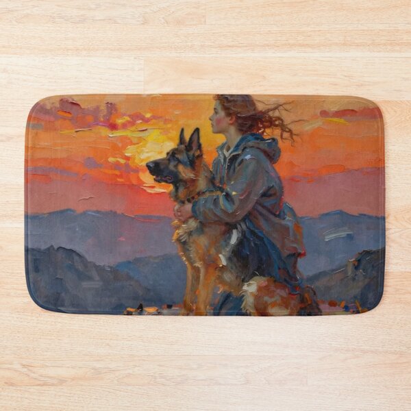 Item preview, Girl and German Shepherd at Sunset Mountain - Loyal Companion Oil Painting Art designed and sold by Pioneer Spirit Market.
