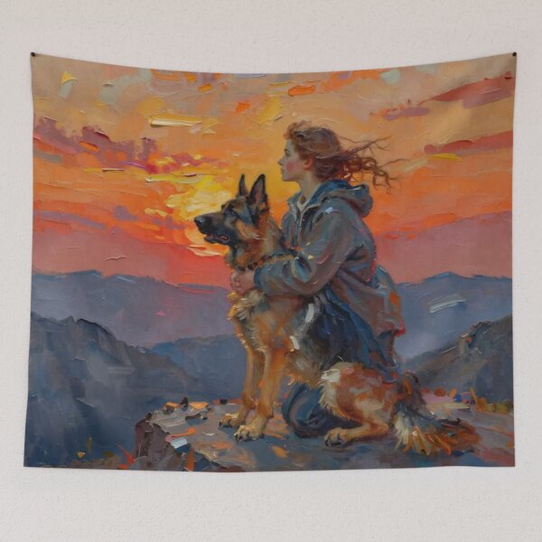 Item preview, Girl and German Shepherd at Sunset Mountain - Loyal Companion Oil Painting Art designed and sold by Pioneer Spirit Market.