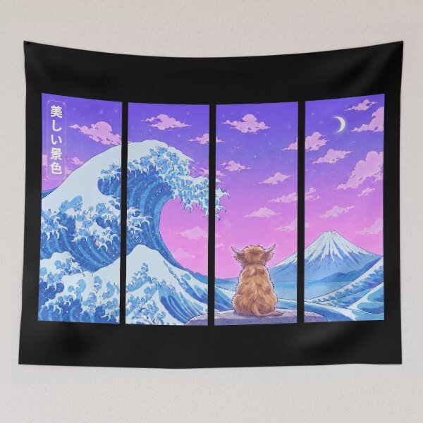 Item preview, Funny Highland Cow Japanese Kanagawa Wave Vapor Japan Boys Girls Kids designed and sold by FurryHavenPH.