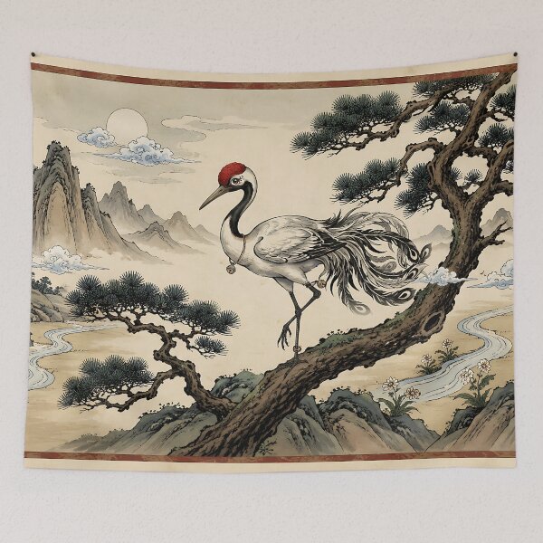 Item preview, Yeongmulhak on a Pine Branch – Korean Mythical Crane Art designed and sold by K-Tradition.