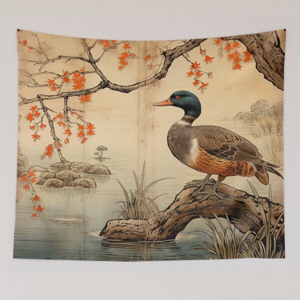 Item preview, Traditional Japanese Illustration - Duck Standing on a Broken Branch in the River designed and sold by DaisukiTokyo.
