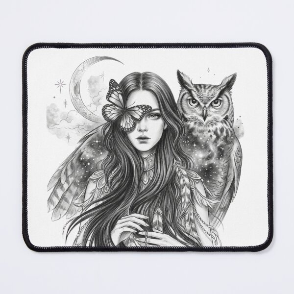 Item preview, Gothic Moon Witch with Owl and Butterfly - Mystical Pencil Sketch designed and sold by Sierodzyna.