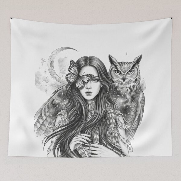 Item preview, Gothic Moon Witch with Owl and Butterfly - Mystical Pencil Sketch designed and sold by Sierodzyna.