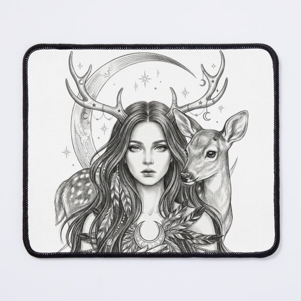 Item preview, Gothic Deer Witch with Fawn - Mystical Forest Goddess Pencil Sketch designed and sold by Sierodzyna.