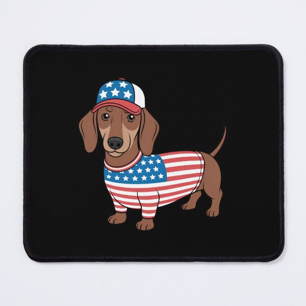 Item preview, Dachshund Wearing American Flag Shirt And Cap designed and sold by Canvas-Whispers.