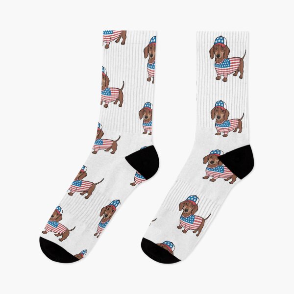 Item preview, Dachshund Wearing American Flag Shirt And Cap designed and sold by Canvas-Whispers.