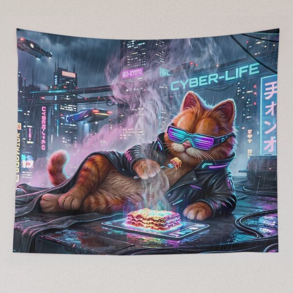 Item preview, Retro Neon Cyberpunk Cosmic Cat Lasagna Designs designed and sold by ART ATTACK ZONE.