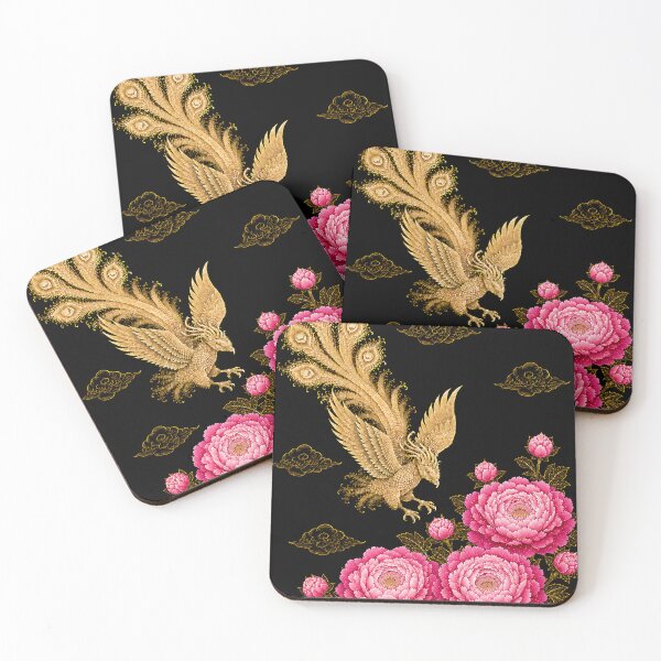 Item preview, Golden Phoenix and Pink Roses | Elegant Korean Folk Art Inspired Wall Art designed and sold by K-Tradition.