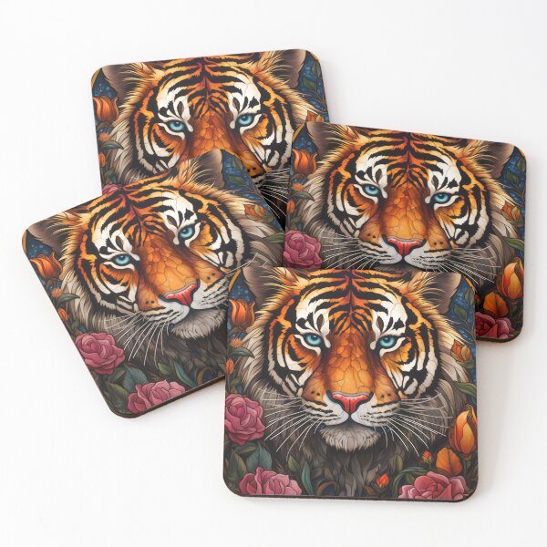 Item preview, Stained Glass Tiger Portrait with Pink Roses and Blue Eyes designed and sold by pinkal.