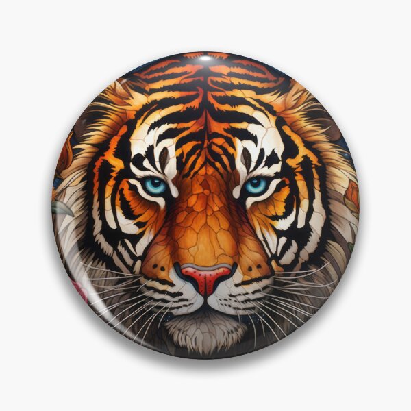 Item preview, Stained Glass Tiger Portrait with Pink Roses and Blue Eyes designed and sold by pinkal.