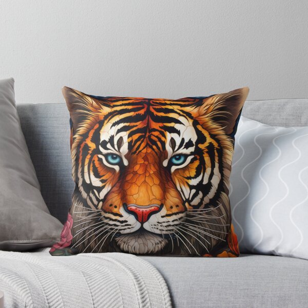 Item preview, Stained Glass Tiger Portrait with Pink Roses and Blue Eyes designed and sold by pinkal.