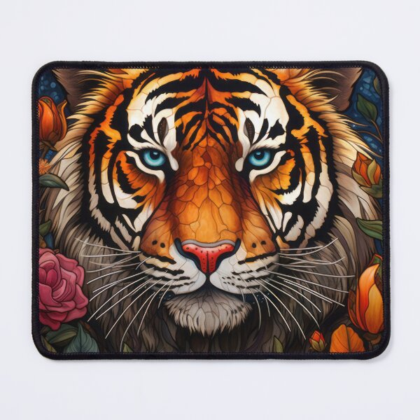 Item preview, Stained Glass Tiger Portrait with Pink Roses and Blue Eyes designed and sold by pinkal.