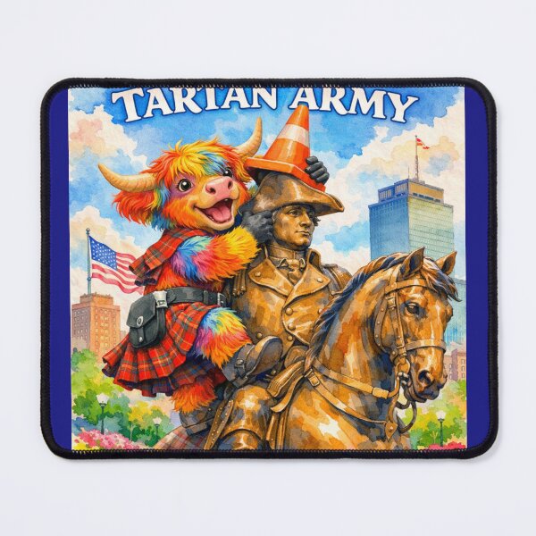 Item preview, Tartan Army Scottish Highland Cow Celebrating in Boston Massachusetts USA Colorful Watercolor designed and sold by MaedK.