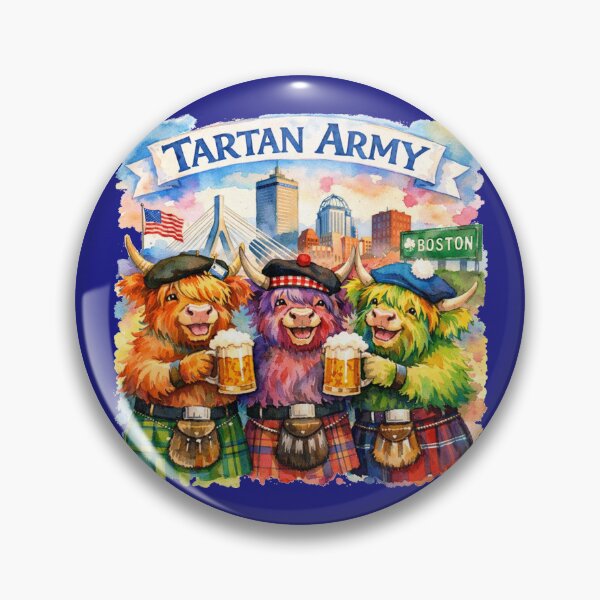 Item preview, Tartan Army Scottish Highland Cows Celebrating in Boston Massachusetts USA Colorful Watercolor designed and sold by MaedK.