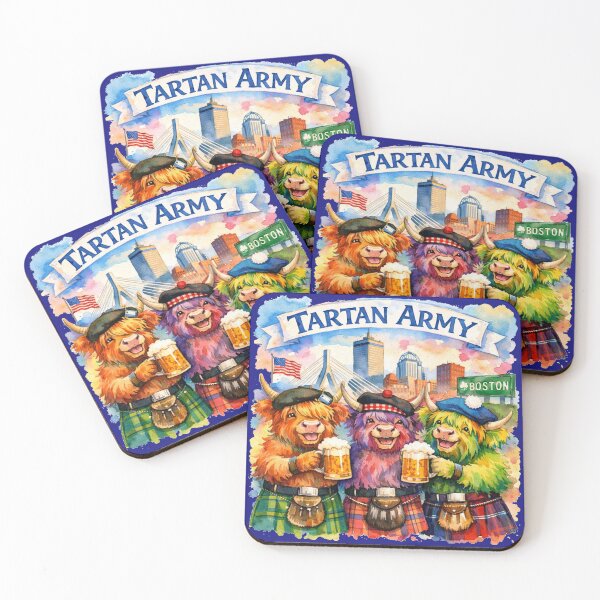 Item preview, Tartan Army Scottish Highland Cows Celebrating in Boston Massachusetts USA Colorful Watercolor designed and sold by MaedK.
