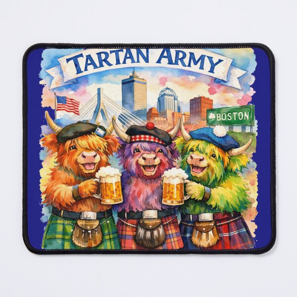 Item preview, Tartan Army Scottish Highland Cows Celebrating in Boston Massachusetts USA Colorful Watercolor designed and sold by MaedK.