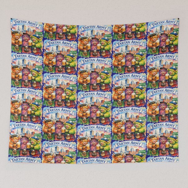 Item preview, Tartan Army Scottish Highland Cows Celebrating in Boston Massachusetts USA Colorful Watercolor designed and sold by MaedK.