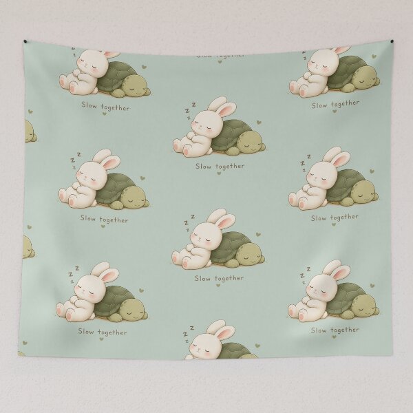 Item preview, Slow Together – Cute Sleeping Bunny and Turtle Kawaii Illustration designed and sold by Tidarat-27.