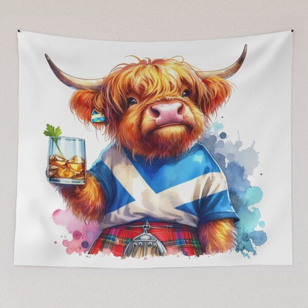 Item preview, Tartan Army Scottish Highland Cow Drinking Whisky Colorful Watercolor designed and sold by MaedK.