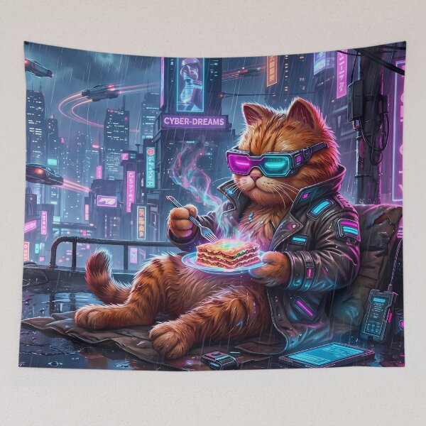 Item preview, Planet Retro Neon Cyberpunk Cosmic Cat Lasagna Designs designed and sold by ART ATTACK ZONE.