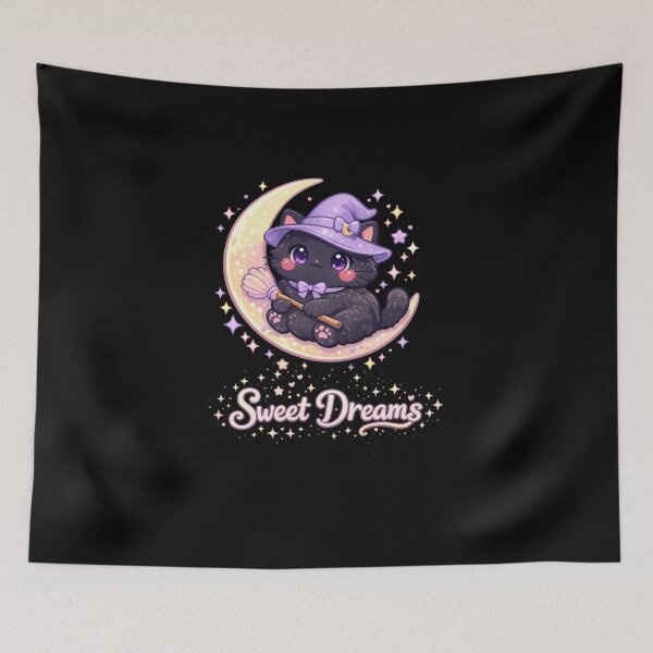 Item preview, Kawaii Black Witch Cat Sweet Dreams Crescent Moon designed and sold by Dreamy fantasy design.