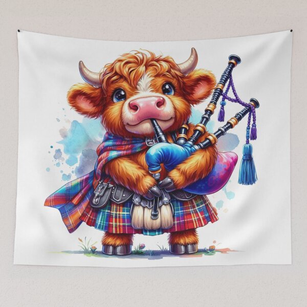 Item preview, Cute Tartan Army Scottish Highland Cow Bagpiper Colorful Fun Watercolor designed and sold by MaedK.