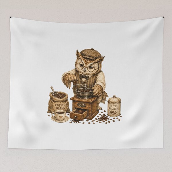 Item preview, Vintage Owl Barista Coffee Grinder Dark Academia Cafe designed and sold by AQUILAKREO.