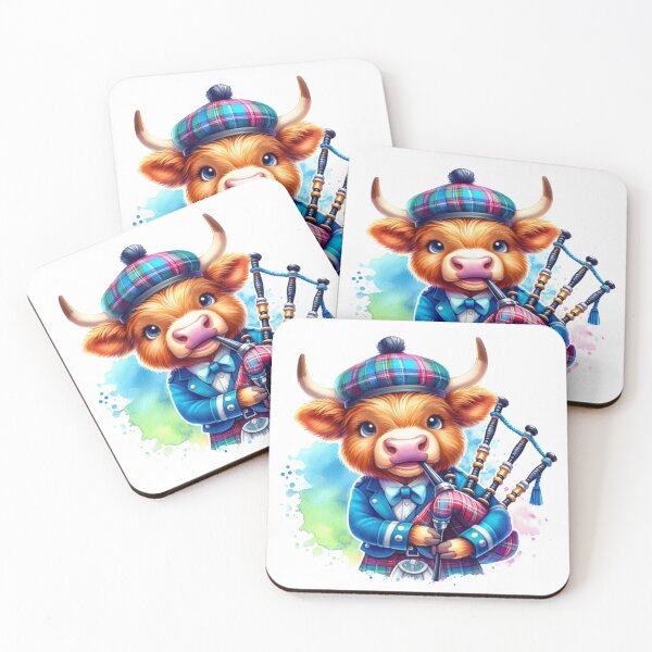 Item preview, Cute Tartan Army Scottish Highland Cow Bagpiper Colorful Fun Watercolor designed and sold by MaedK.