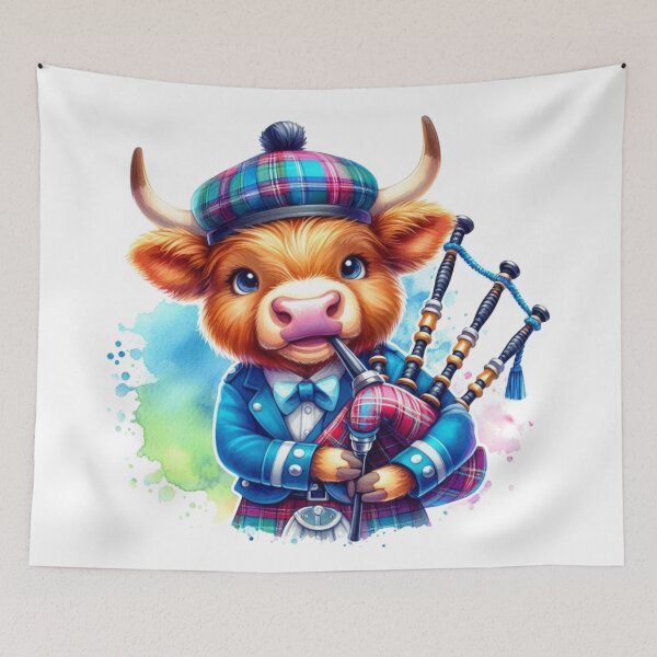 Item preview, Cute Tartan Army Scottish Highland Cow Bagpiper Colorful Fun Watercolor designed and sold by MaedK.