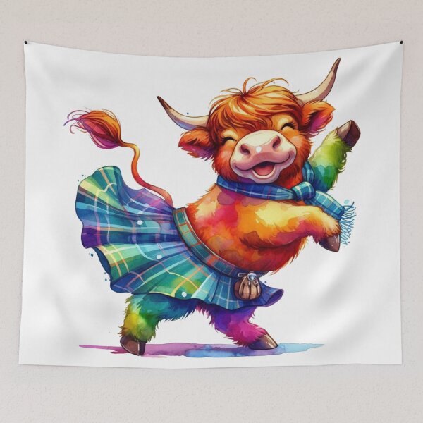Item preview, Cute Tartan Army Scottish Highland Cow Highland Dancing Colorful Fun Watercolor designed and sold by MaedK.