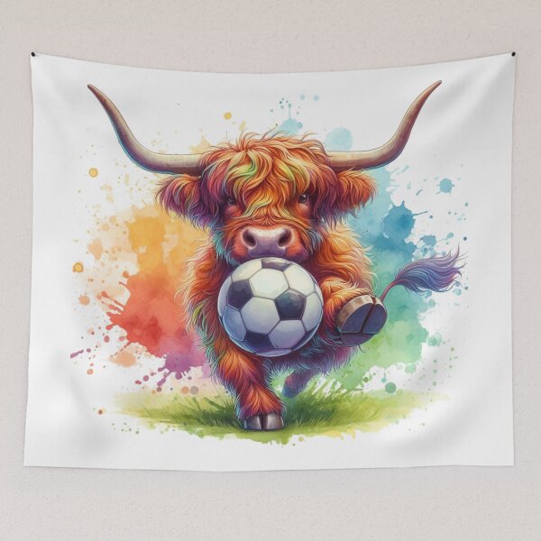 Item preview, Scottish Tartan Army Highland Cow Playing Soccer Football Colorful Watercolor designed and sold by MaedK.