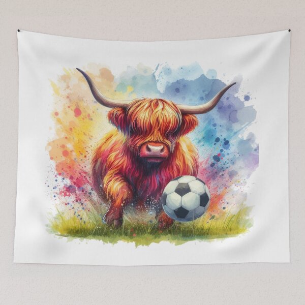 Item preview, Scottish Tartan Army Highland Cow Playing Soccer Football Colorful Watercolor designed and sold by MaedK.