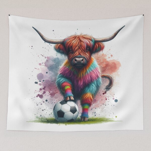 Item preview, Scottish Tartan Army Highland Cow Playing Soccer Football Colorful Watercolor designed and sold by MaedK.