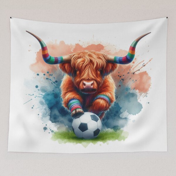 Item preview, Scottish Tartan Army Highland Cow Playing Soccer Football Colorful Watercolor designed and sold by MaedK.