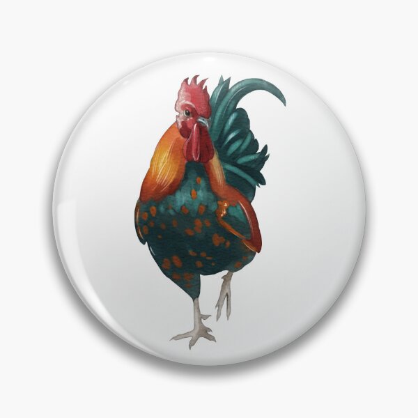 Item preview, Colorful rooster standing on one leg in a simple setting showing natural feathers and vibrant colors at a farm designed and sold by Ms. Iryna.