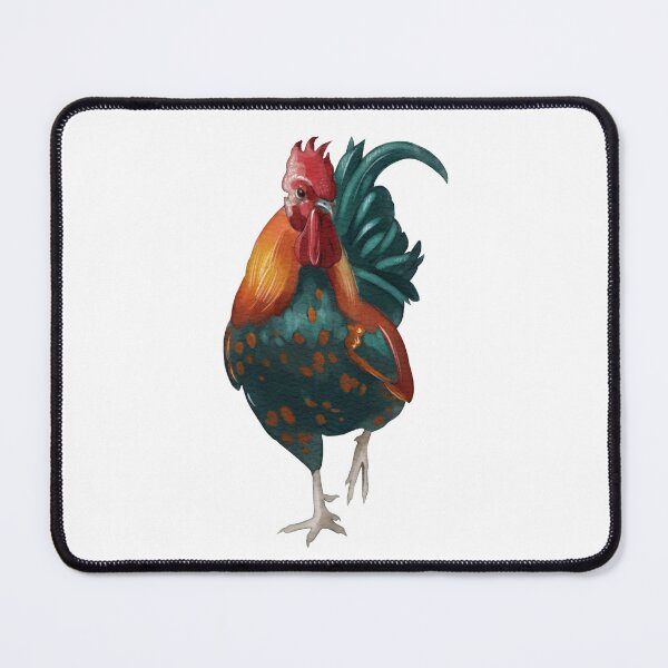 Item preview, Colorful rooster standing on one leg in a simple setting showing natural feathers and vibrant colors at a farm designed and sold by Ms. Iryna.