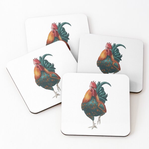 Item preview, Colorful rooster standing on one leg in a simple setting showing natural feathers and vibrant colors at a farm designed and sold by Ms. Iryna.