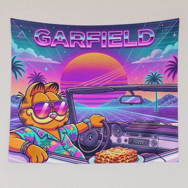 Item preview, Sunset Retro Neon Cyberpunk Cosmic Cat Lasagna Designs designed and sold by ART ATTACK ZONE.