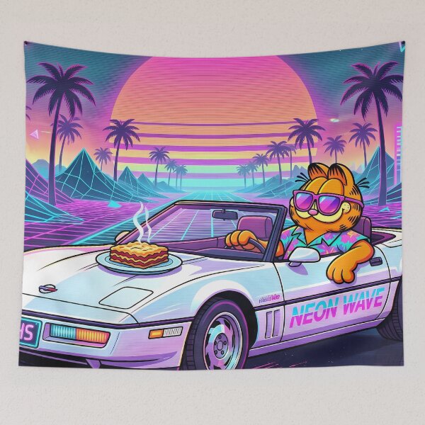 Item preview, VHS Retro Neon Cyberpunk Cosmic Cat Lasagna Designs designed and sold by ART ATTACK ZONE.