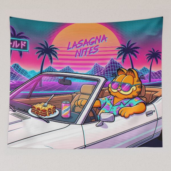 Item preview, Night Retro Neon Cyberpunk Cosmic Cat Lasagna Designs designed and sold by ART ATTACK ZONE.