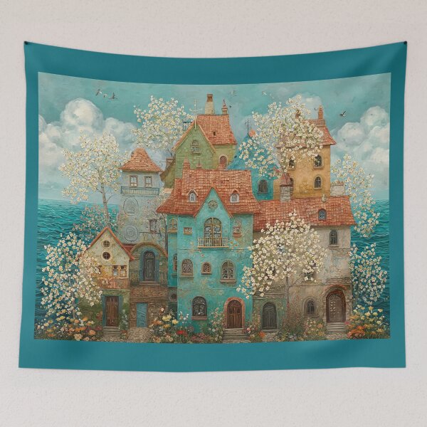 Item preview, Whimsical Seaside Cottage Village – Storybook Coastal Town Fantasy Art designed and sold by Soul Garden Studio.