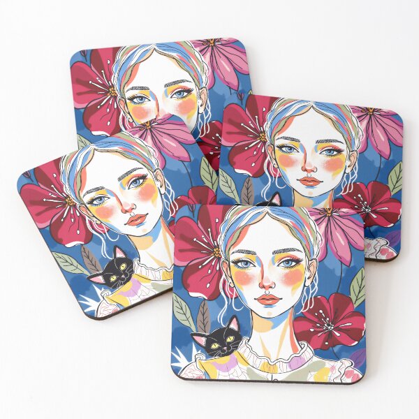 Item preview, Beautiful Woman Portrait with Black Cat and Flowers designed and sold by QQQueen.