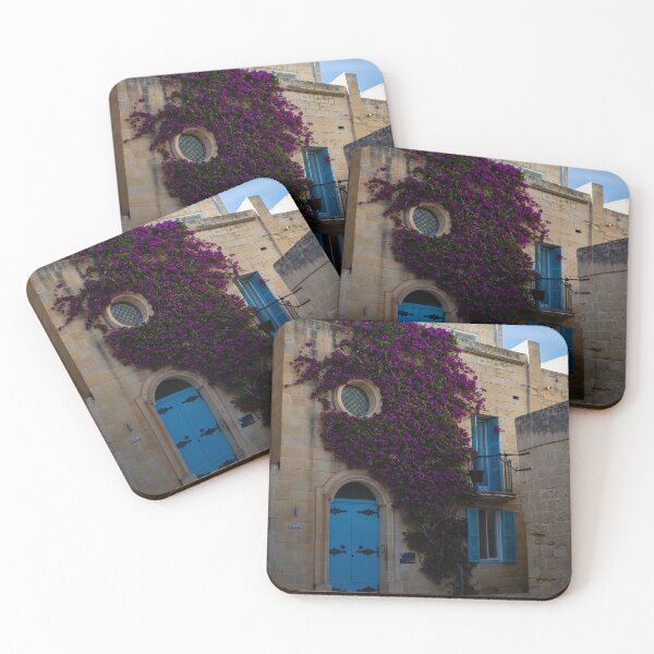 Item preview, Mediterranean Stone Building With Blue Door and Purple Bougainvillea Climbing Rustic Facade designed and sold by Nmallia.