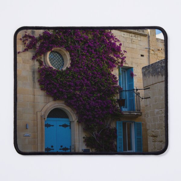 Item preview, Mediterranean Stone Building With Blue Door and Purple Bougainvillea Climbing Rustic Facade designed and sold by Nmallia.